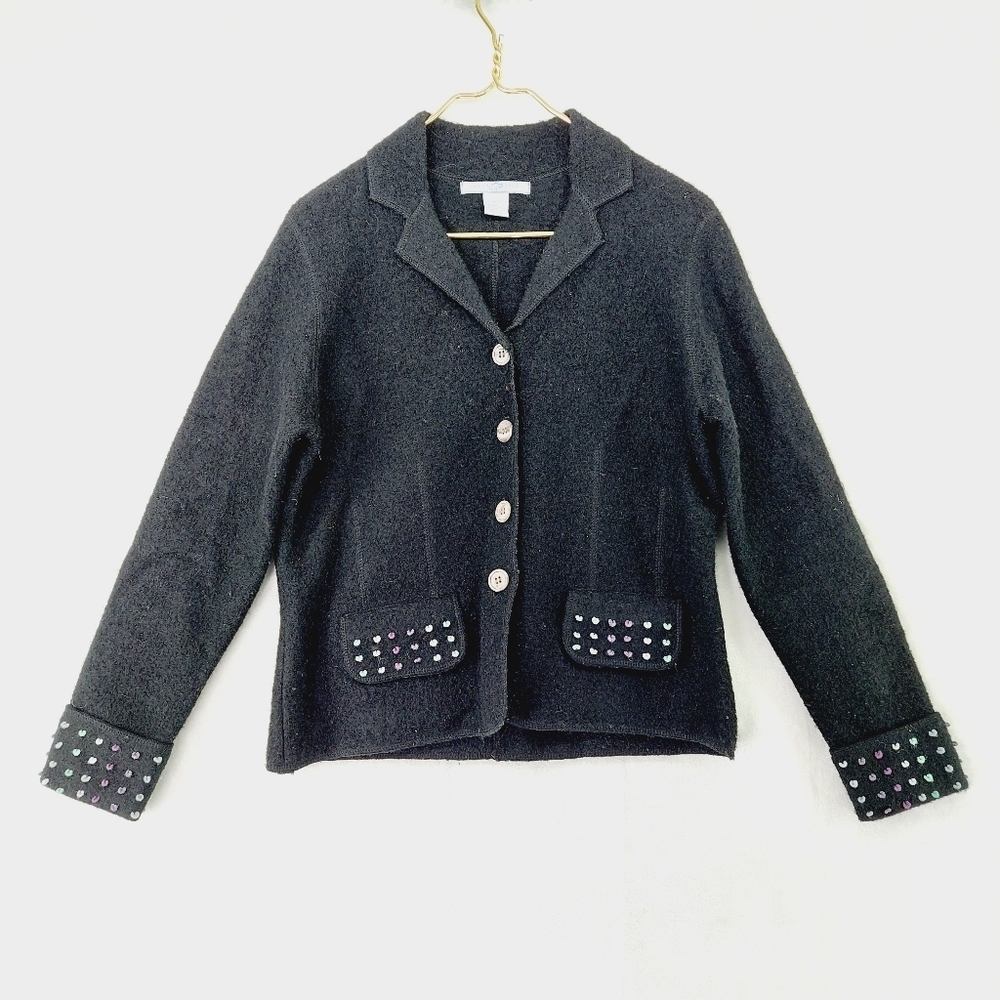 Carroll Reed Black Wool Button Up Flap Pockets Embroidered Details Blazer Z16